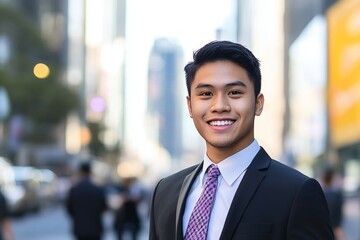 Successful young businessman in suit outdoors among skyscrapers
