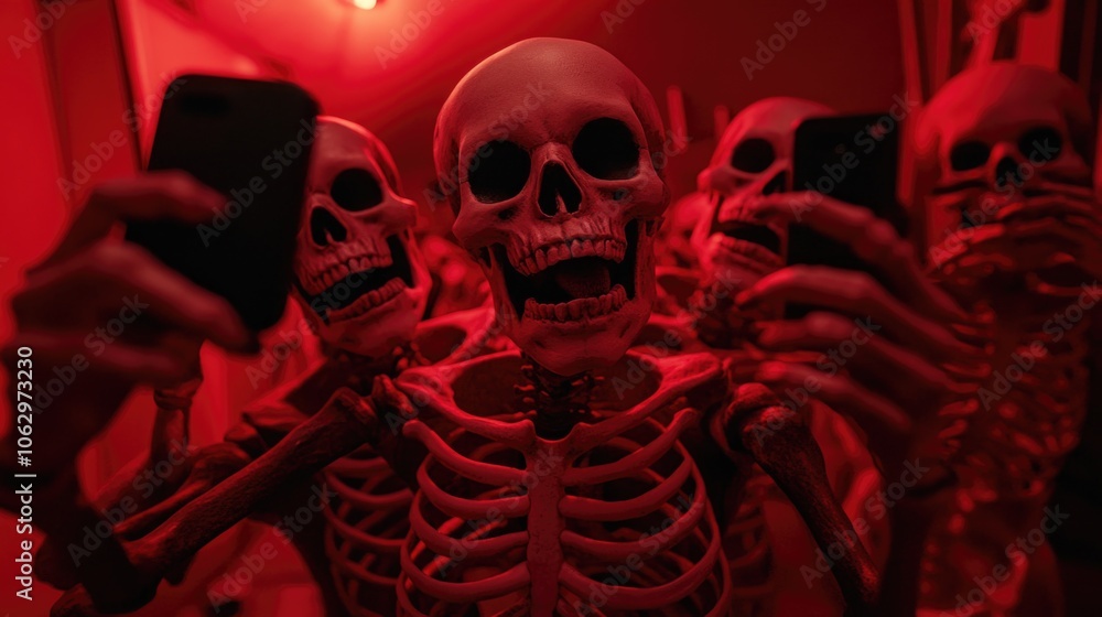 Poster person is taking a picture of themselves with a skeleton in the background. the image has a spooky a
