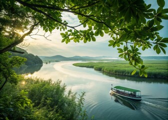 Obraz premium Soft Natural Light Filters Through Lush Green Foliage Creating a Serene and Tranquil Atmosphere