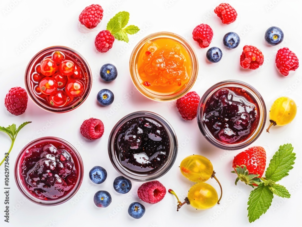 Poster white background with a variety of fruit in jars and on the table. the jars are filled with differen