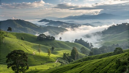 Obraz premium Soft Natural Light Illuminates Lush Green Hills Rising Amidst Ethereal Misty Landscape Serenity