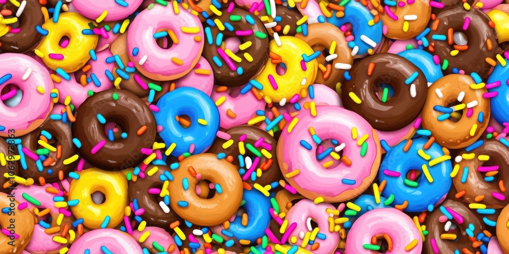 Poster colorful donut with sprinkles on top. the donuts are arranged in a pattern and are of different colo
