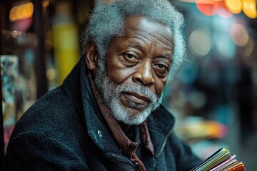 Fototapeta premium Thoughtful elderly man at night market with vibrant bokeh background
