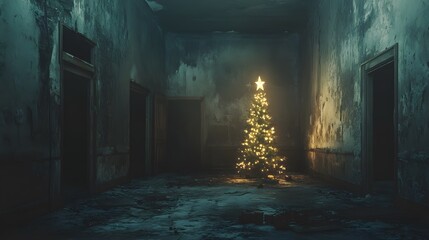 A Lit Christmas Tree in a Dark and Abandoned Building