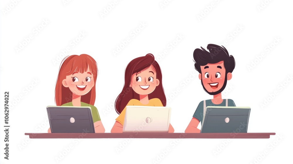 Poster three people are sitting at a table with laptops open. they are smiling and seem to be enjoying thei