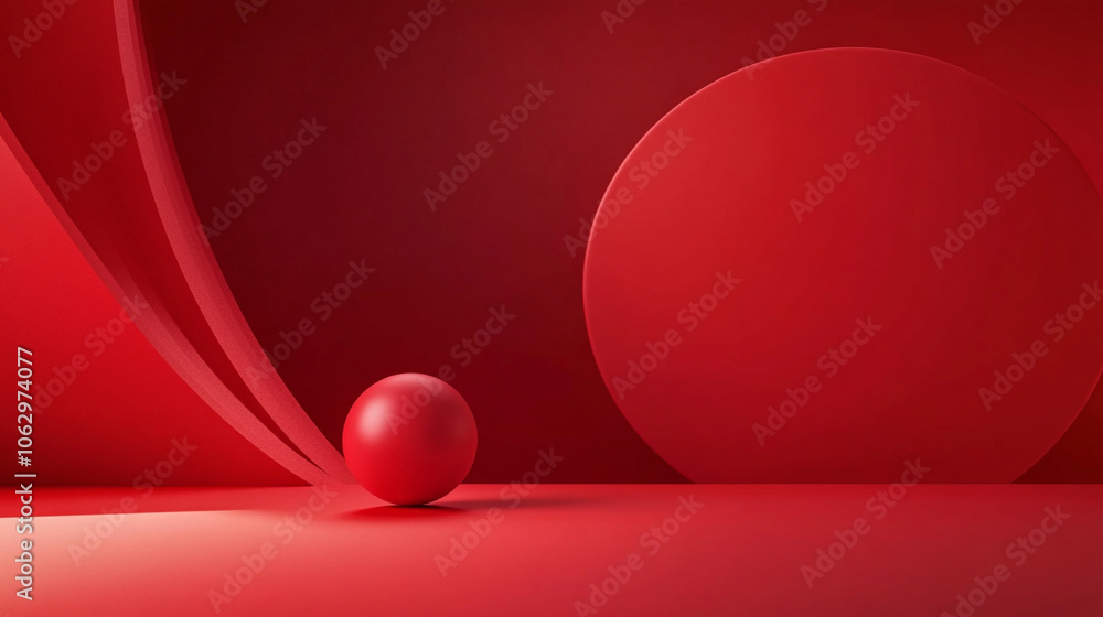 Poster abstract design featuring smooth red shapes and a spherical object in a minimalist setting