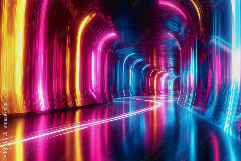 Poster a vibrant, futuristic tunnel illuminated by soft pastel lights, creating a digital interface with an
