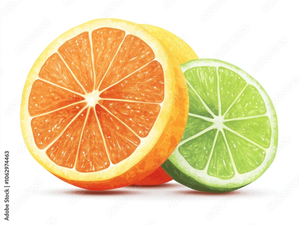 Poster slice of orange and lime on a white background. the orange slice is cut in half and the lime slice i