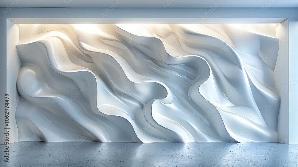 Poster 3d render of white abstract wavy shapes on the wall, simple background.