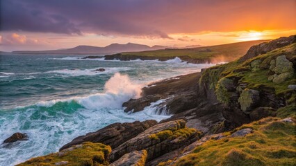 Obraz premium Stunning Vibrant Sunset Over Rugged Cliffs with Turquoise Waves Crashing in Scenic Coastal Landscape