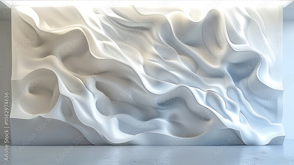 Poster 3d render of white abstract wavy shapes on the wall, simple background.