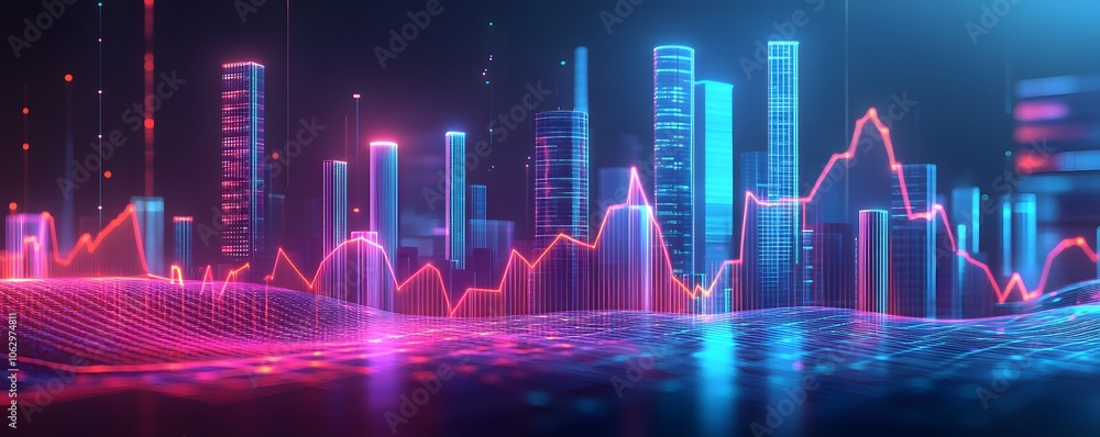 Poster a dynamic digital visualization of a vibrant stock market trend with colorful data graphs and futuri
