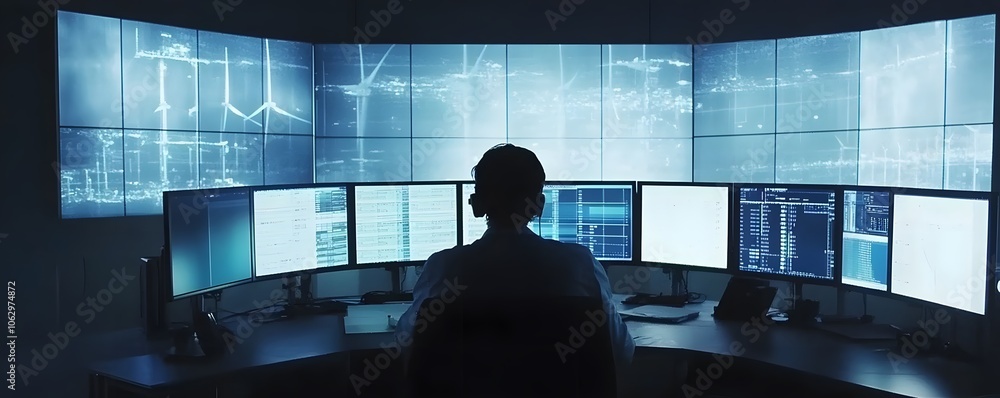 Poster a focused professional monitors multiple screens displaying data and analytics in a high-tech contro
