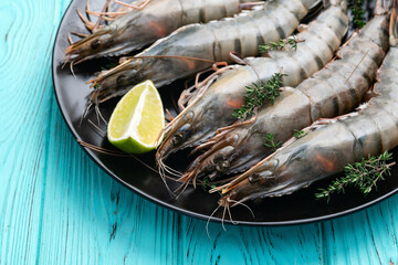 Raw big tiger ( king ) shrimps photography . Top view