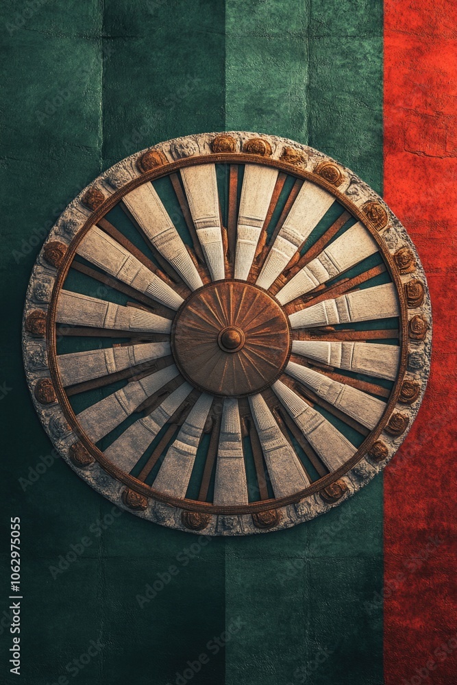 Poster round object with a green and red background. the object is a wheel and it is surrounded by a green 