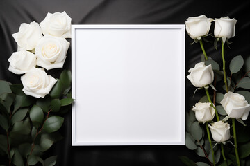 White Roses and Blank Frame Mockup on Black Background - Space for Text
