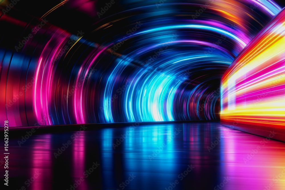 Poster explore a vibrant digital interface featuring soft pastel lights and futuristic elements, creating a