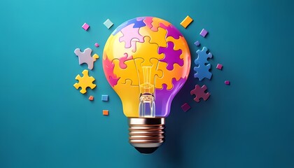 A vibrant light bulb surrounded by colorful puzzle pieces, symbolizing creativity and the connection between ideas.