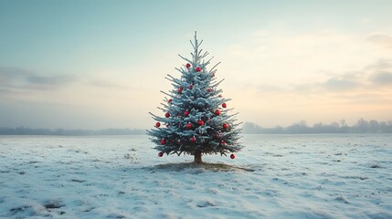 Decorated Christmas Tree in a Snowy Field at Sunset