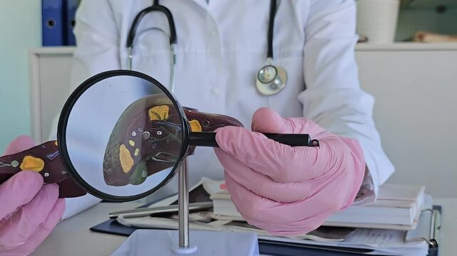 Anatomical liver with gall bladder and pancreas and magnifying glass in hands of a doctor