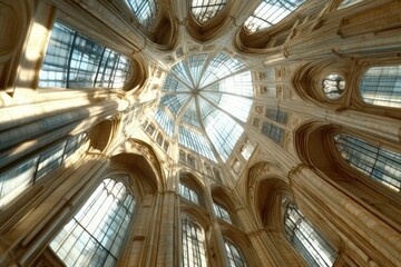 Obraz premium Majestic architecture of a gothic cathedral interior featuring stained glass and tall arched ceilings