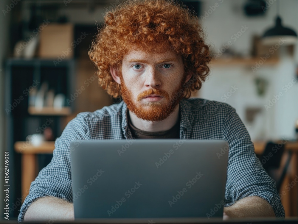 Poster man with red hair is sitting at a table with a laptop in front of him. he is focused on the screen, 