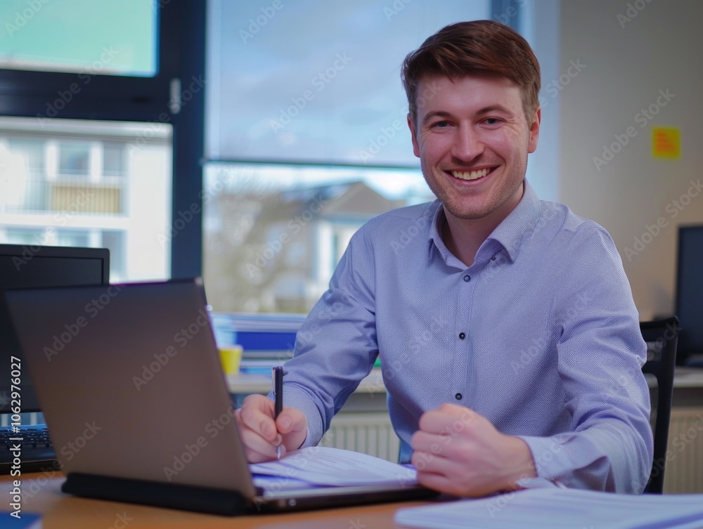 Poster man is sitting at a desk with a laptop and a pen. he is smiling and he is happy