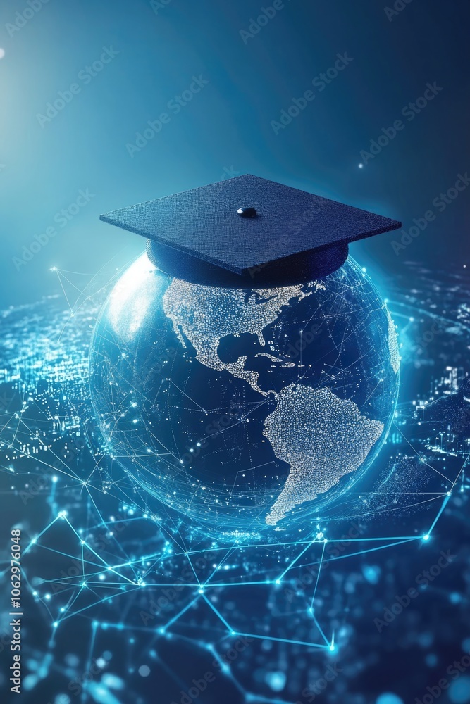 Poster globe with a black cap on top of it. the globe is surrounded by a network of lines, and the cap is p