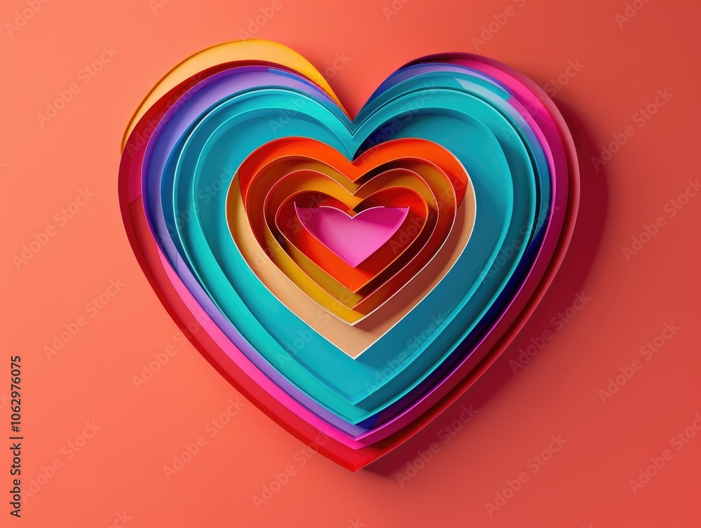 Poster colorful heart made of paper is displayed on a red background. the heart is made up of many differen