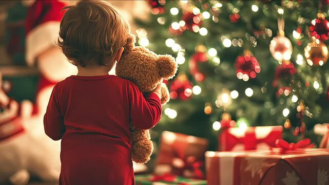 Child in striped pajamas holds a teddy bear while admiring a brightly lit Christmas tree surrounded by gifts, capturing holiday wonder