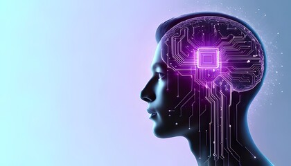 Obraz premium A futuristic silhouette of a human head with a glowing, circuit-like brain, symbolizing the intersection of technology and intelligence.