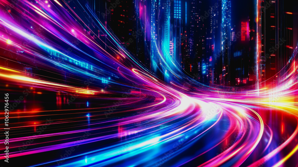 Aufkleber explore a vibrant abstract digital composition featuring dynamic light trails in a colorful display.