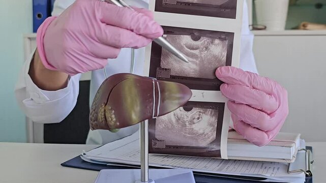 A doctor studies a liver model along with ultrasound images. Ultrasound diagnostics of liver diseases Liver diseases hepatitis 