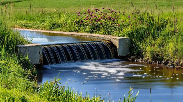 A small waterfall flows over a concrete weir in a rural creek, creating a peaceful scene