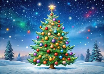 Fototapeta premium Retro Christmas Tree Illustration in a Snowy Night Landscape with Starry Sky, Vintage Holiday Scene, Festive Decor, Winter Wonderland, Nostalgic Christmas Vibes