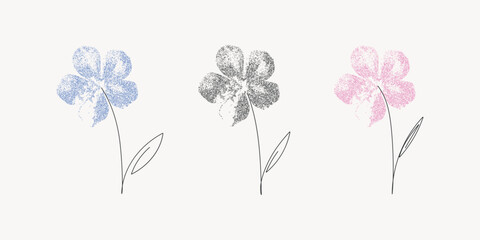 Grain flowers set in trendy stippling texture, halftone, retro photocopy effect, y2k style. Chamomile, wildflowers, florals for posters. Sand noise shapes background. Vintage isolated vector illustrat