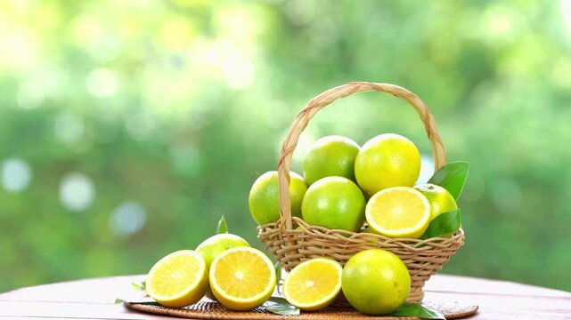 Green Orange fruit in wooden basket on wooden table in garden, Fresh Chinese Citrus Sinensis Orange with slices on blurred greenery background.