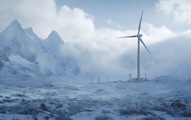 A serene winter landscape featuring snow-covered mountains and a modern wind turbine, symbolizing renewable energy in nature.