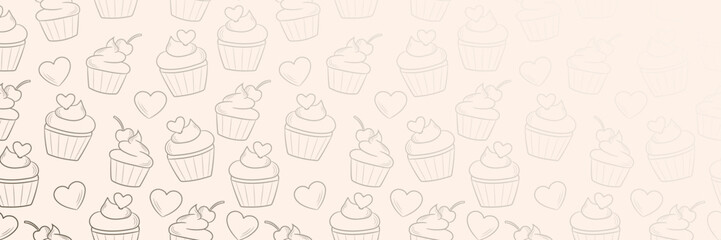 Cute bakery banner with hand drawn line art cupcakes and hearts, pastel background, horizontal cover design