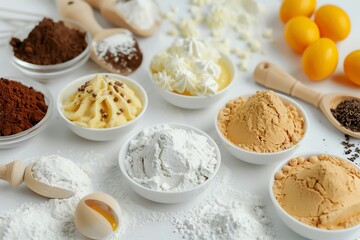 Fototapeta premium An assortment of baking ingredients including flour, cocoa powder, butter, eggs, and spices arranged on a clean white surface.