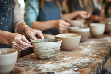 Close-up of people shaping clay bowls in a pottery class, covered in clay, emphasizing creativity and crafting skills.