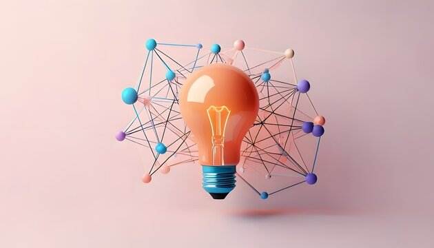 A vibrant light bulb surrounded by a network of colorful nodes, symbolizing creativity, innovation, and connection in a modern design.