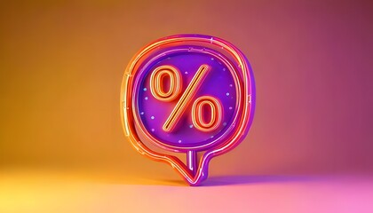 Fototapeta premium A vibrant percentage symbol inside a chat bubble, illuminated with colorful lighting against a gradient background.