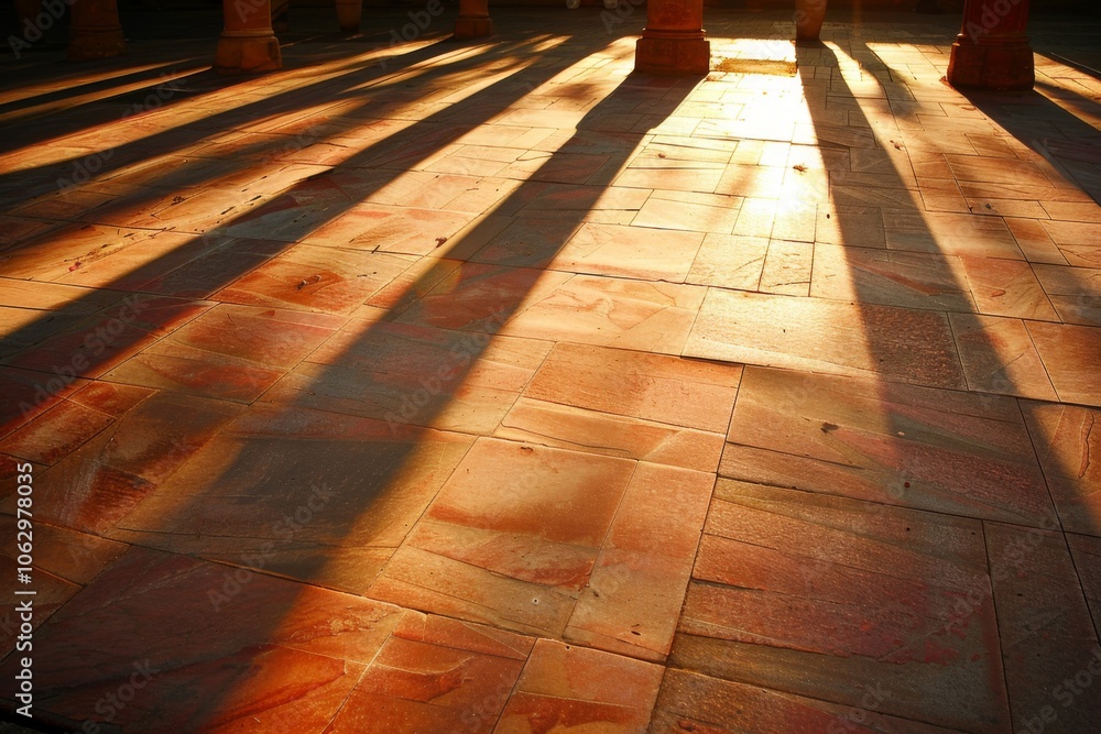 Poster golden sunlight streaming through pillars, casting long shadows on a textured floor, creating an atm