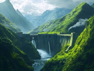 A stunning dam nestled in lush green mountains surrounded by mist, showcasing nature's beauty and engineering marvels.
