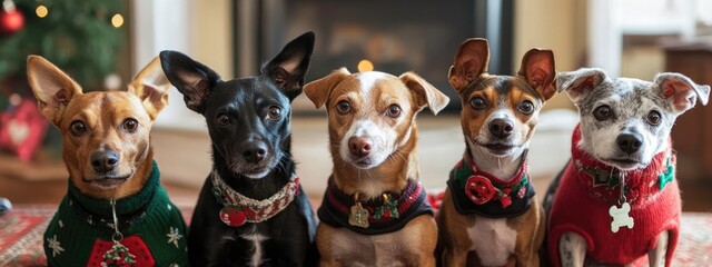 Obraz premium Adorable Dogs Celebrate Christmas in Festive Sweaters and Santa Hats. Five cute small dogs dressed in Christmas sweaters and Santa hats sit in front of a brightly lit Christmas tree