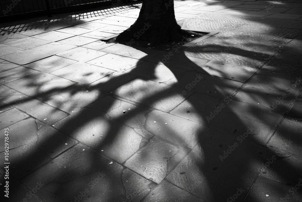 Aufkleber intricate shadows of tree branches cast on pavement in black and white, creating a playful contrast 