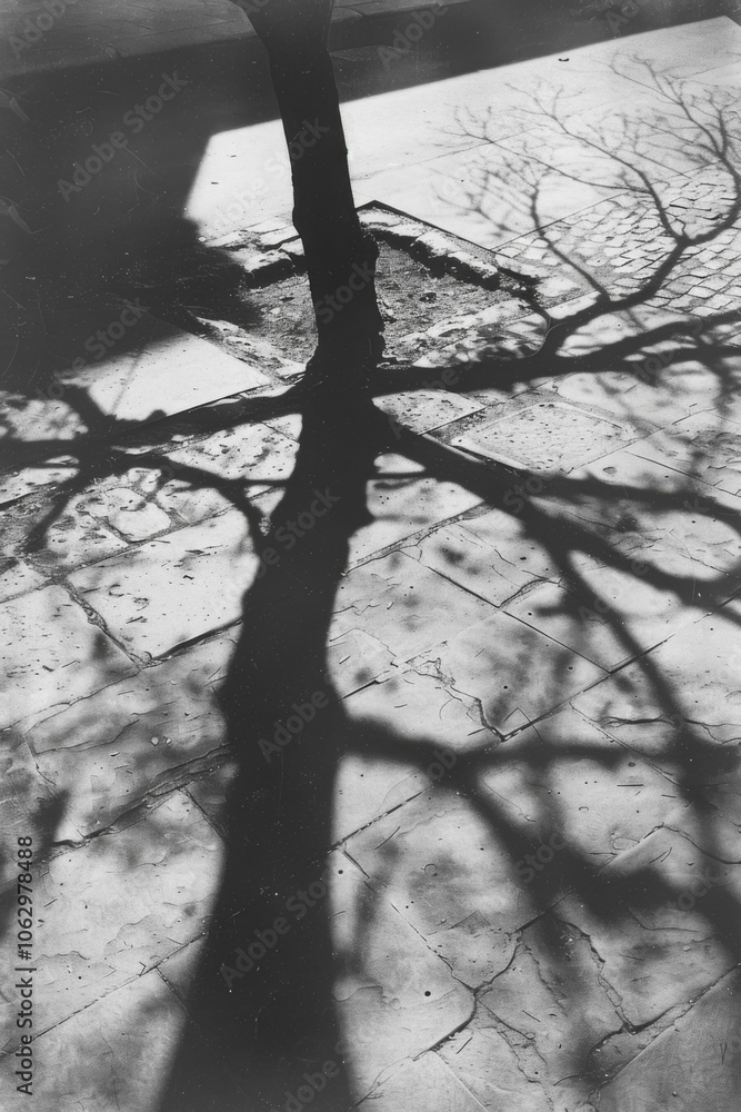 Poster intricate shadows cast by a tree on cobblestone pavement, showcasing the delicate interplay of light