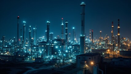 Fototapeta premium Illuminated industrial refineries: nighttime skyline of energy production plants