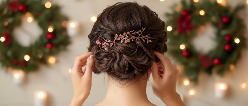Woman adjusting her hair with festive holiday decorations in the background, showcasing an elegant hairstyle adorned with a floral accessory.